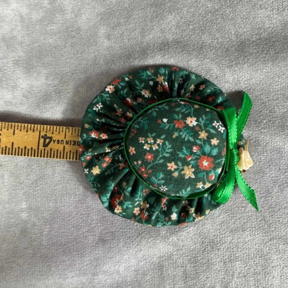 Vtg Floral Hat Miniature Decor Ornament Green Bonnet w Ribbon & Rosette Cottage